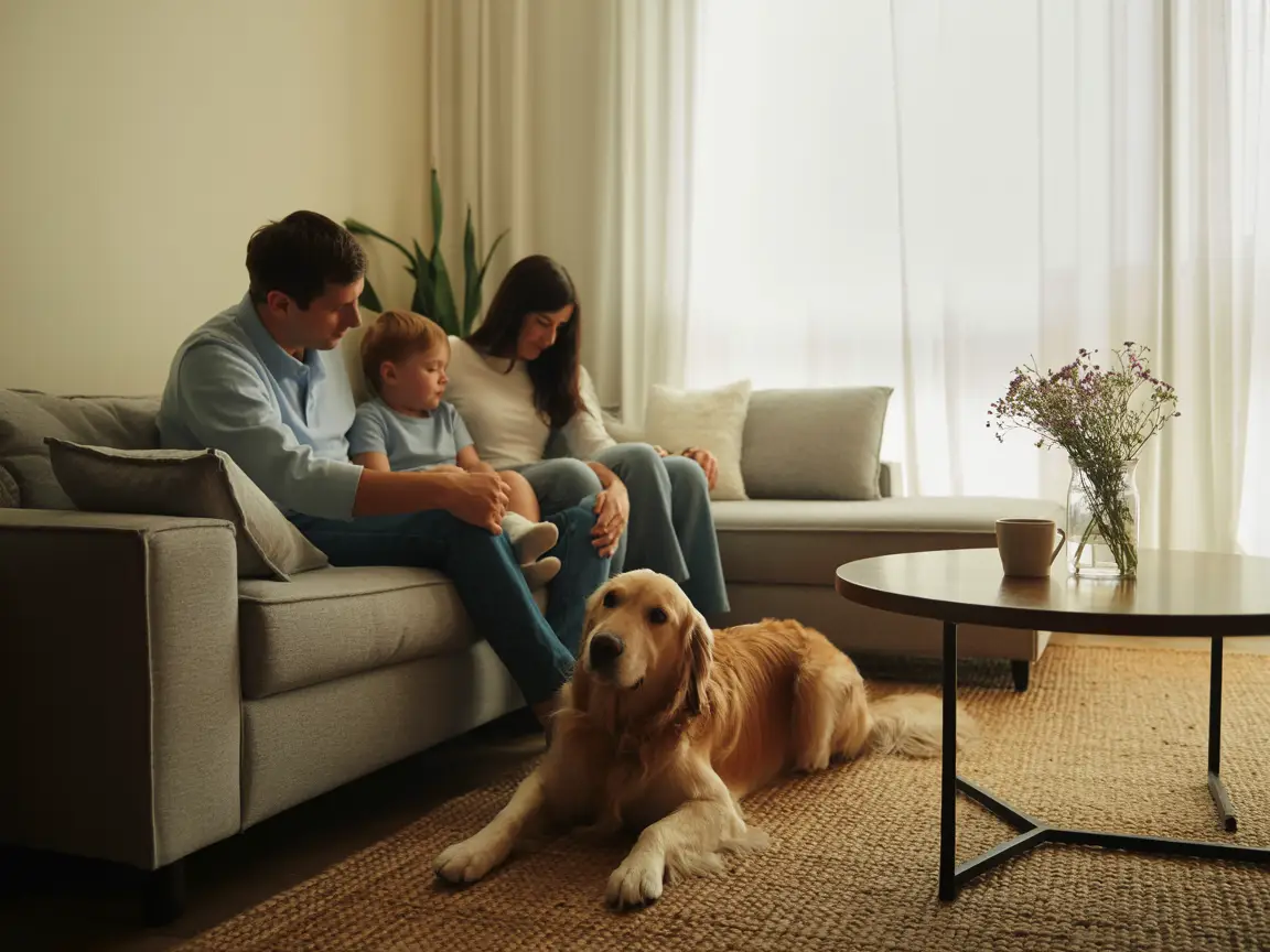 A family sitting on a couch with their pet dog, natural lighting, minimal interior decor.