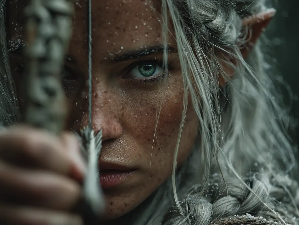 Elegant female elf with silver hair and emerald eyes, holding a glowing bow in a misty forest, cinematic lighting, fantasy realism