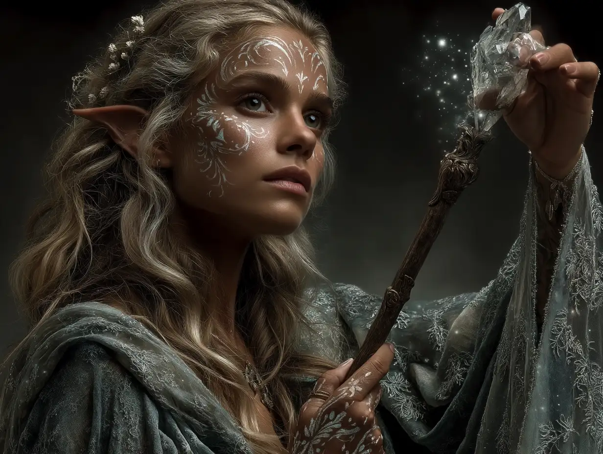 A celestial elf mage casting starlight magic, glowing silver tattoos, flowing robes of nebula fabric, ornate crystal staff, ethereal expression, soft volumetric lighting, detailed fantasy portrait