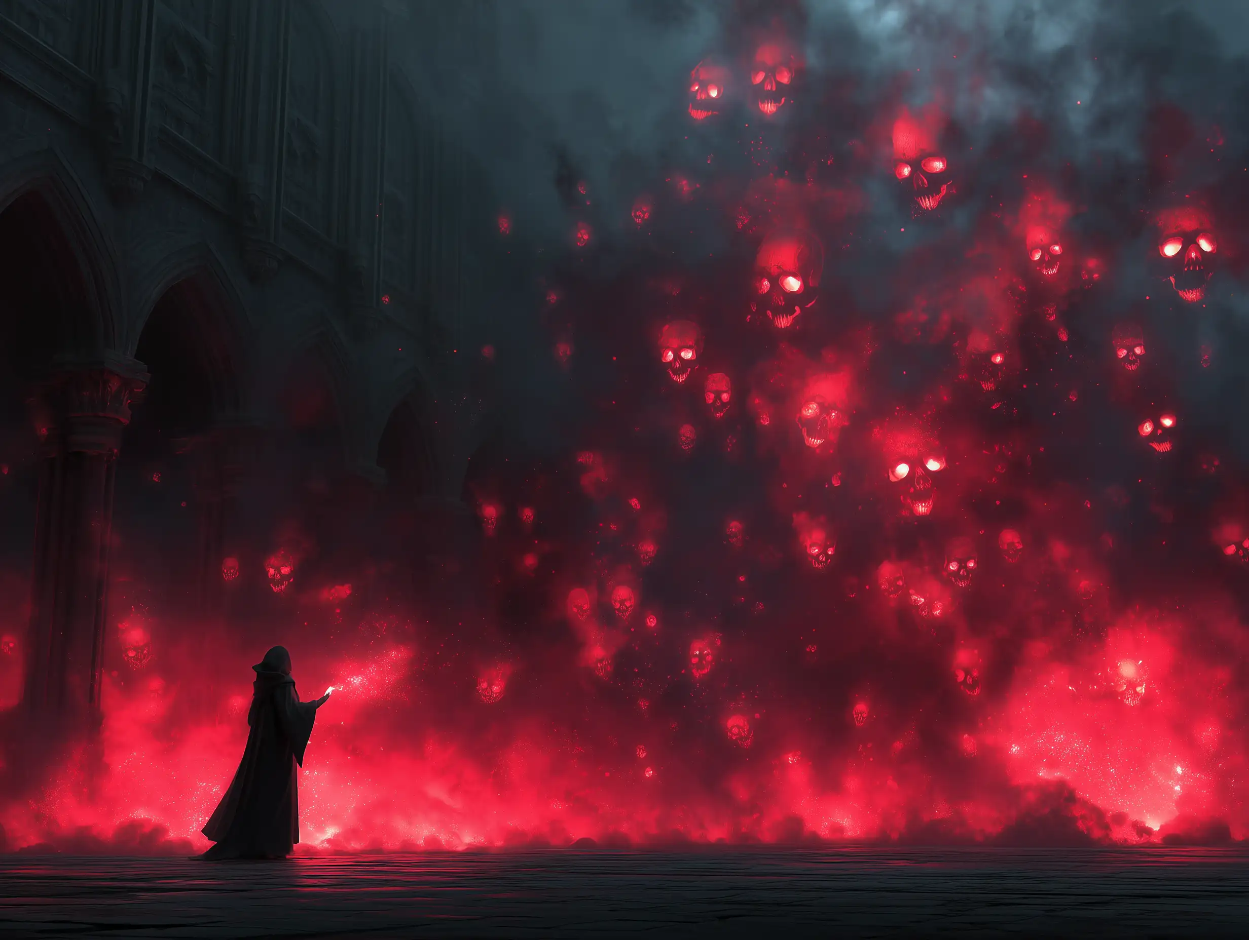 Ancient sorcerer surrounded by black smoke and floating skulls, glowing red eyes, gothic fantasy atmosphere, dark cinematic style