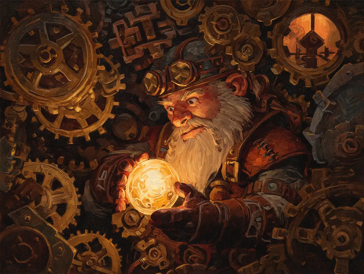 A steampunk inventor dwarf surrounded by gears and brass machinery, holding a glowing energy core, warm ambient light, high-detail art, oil-painting aesthetic