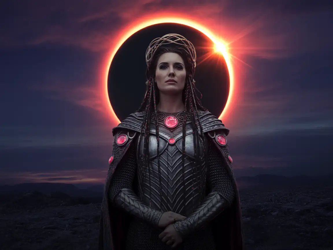 A queen crowned under a celestial eclipse, her armor reflecting both moonlight and firelight.