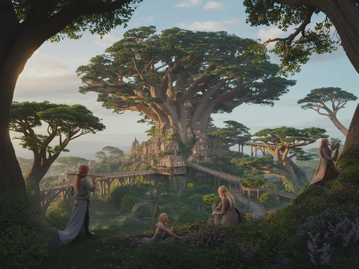 A serene elven city nestled in giant trees, featuring elegant wooden structures, bridges between trees, and intermittent patches of greenery.