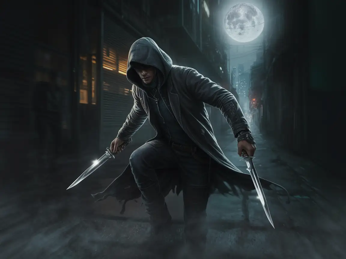 A shadow assassin, wearing a hooded cloak that blends with the darkness, wielding dual daggers that reflect the ethereal moonlight.