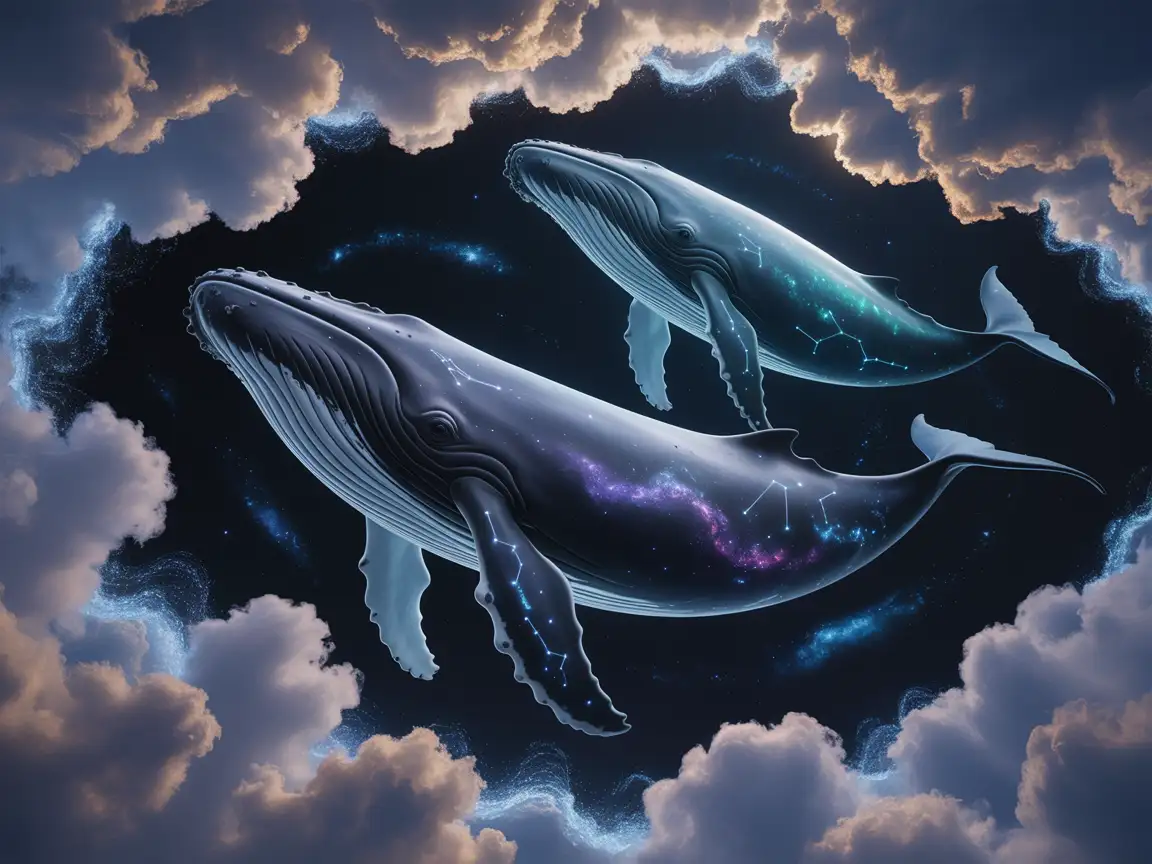 A dreamlike landscape with floating whales swimming through clouds of starlight.