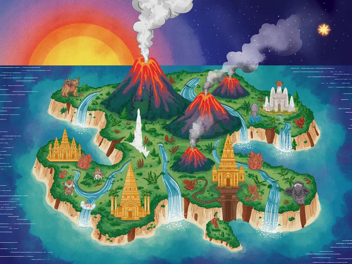 Enchanted island map with volcanoes, waterfalls, and hidden temples, watercolor texture, artistic fantasy style.