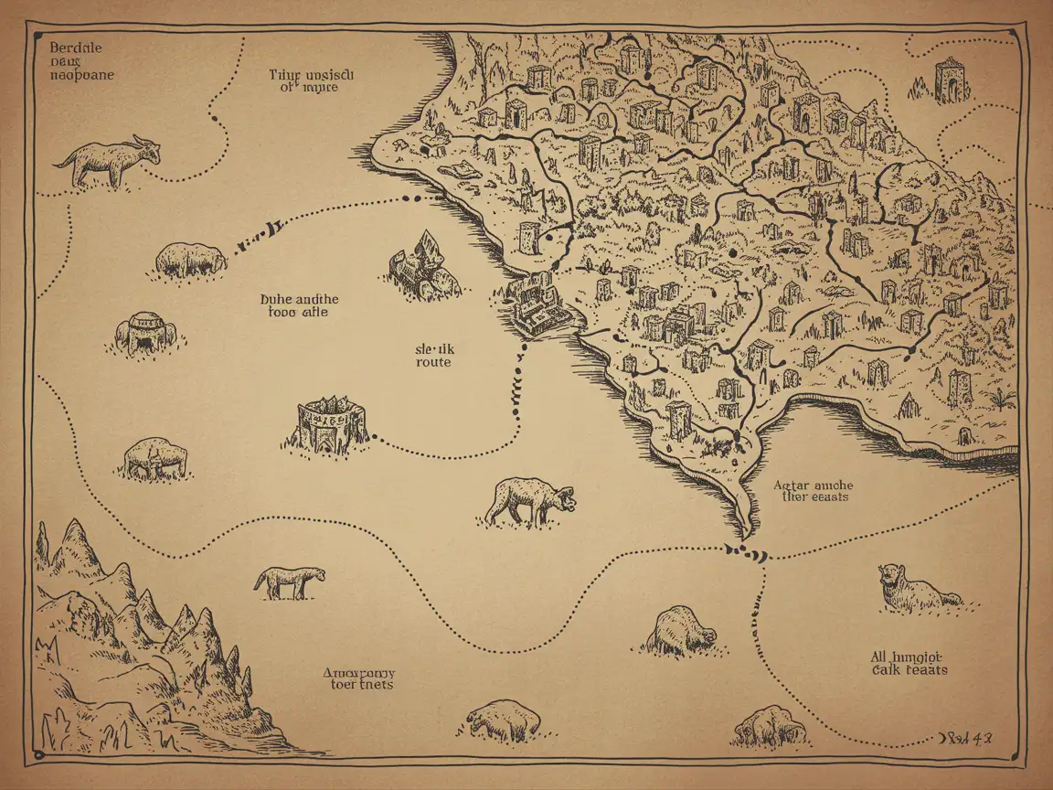 Hand-drawn medieval map showing ancient cities, trade routes, and mythical beasts, sepia tone, old ink style.