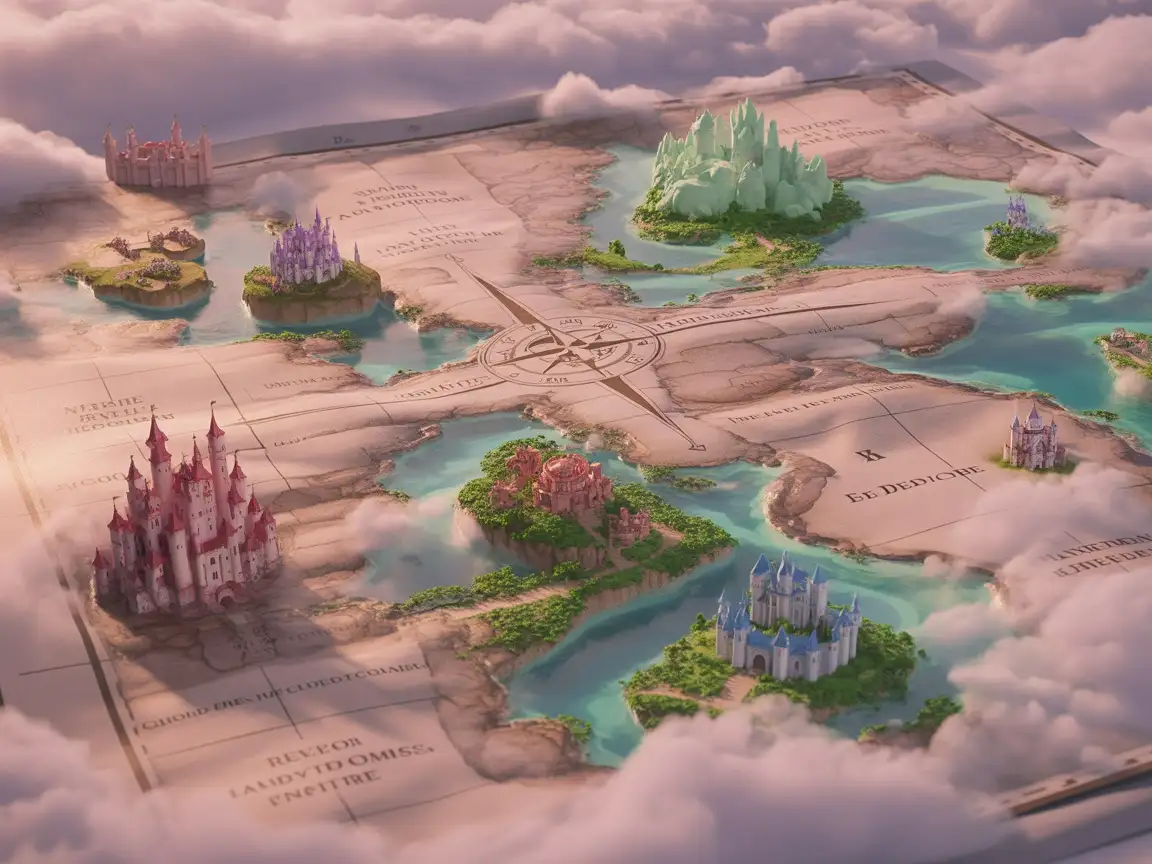A 3D fantasy map of continents surrounded by crystal-blue oceans, realistic terrain, digital painting style.