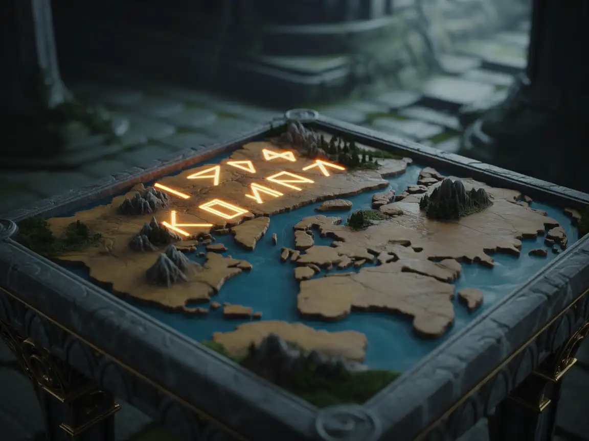 A fantasy world map carved on stone, glowing runes marking ancient ruins, cinematic fantasy lighting.