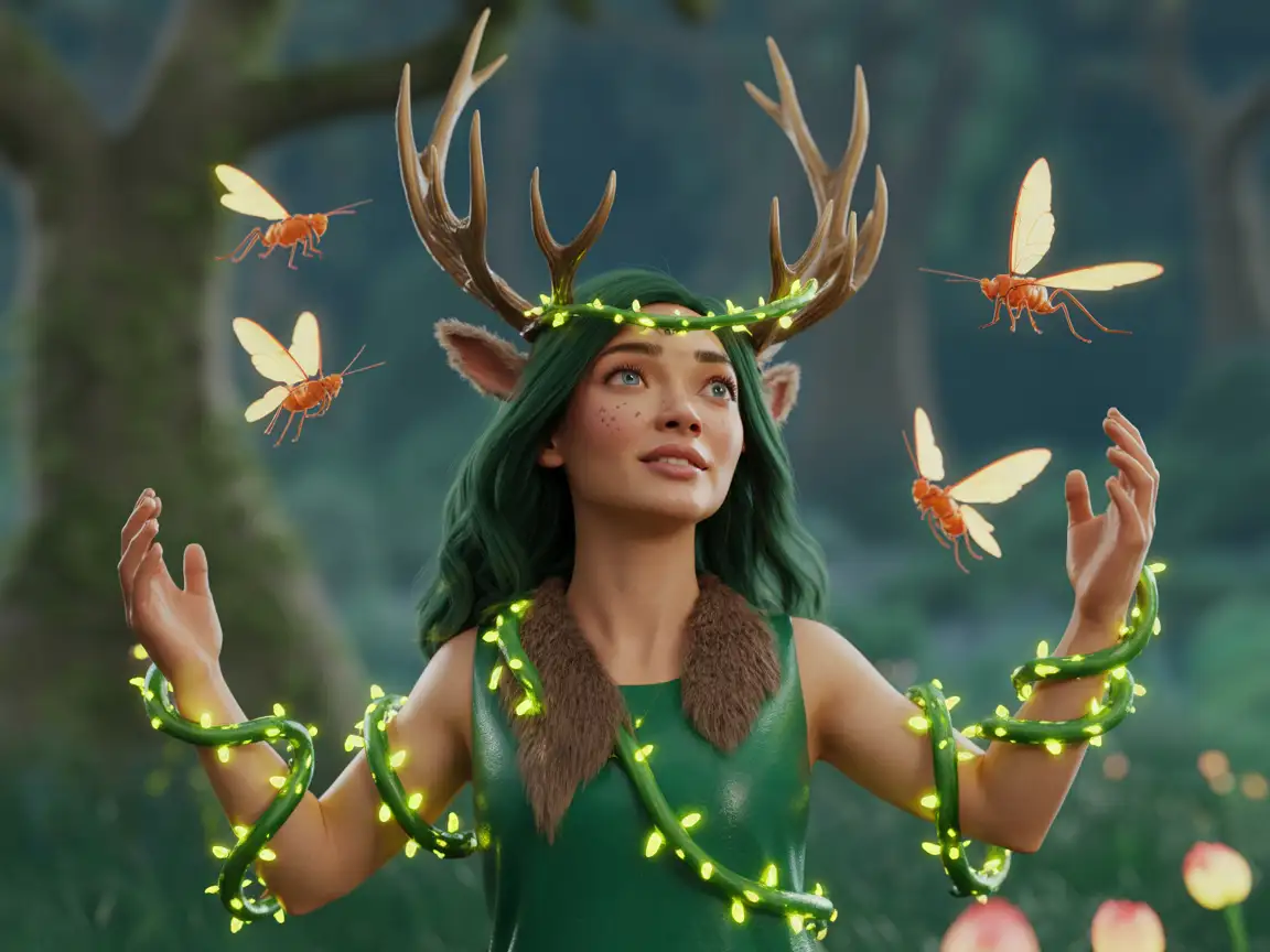 A forest guardian character, adorned with an antler crown, luminous vines wrapping around their arms, surrounded by bioluminescent insects flying gracefully around.