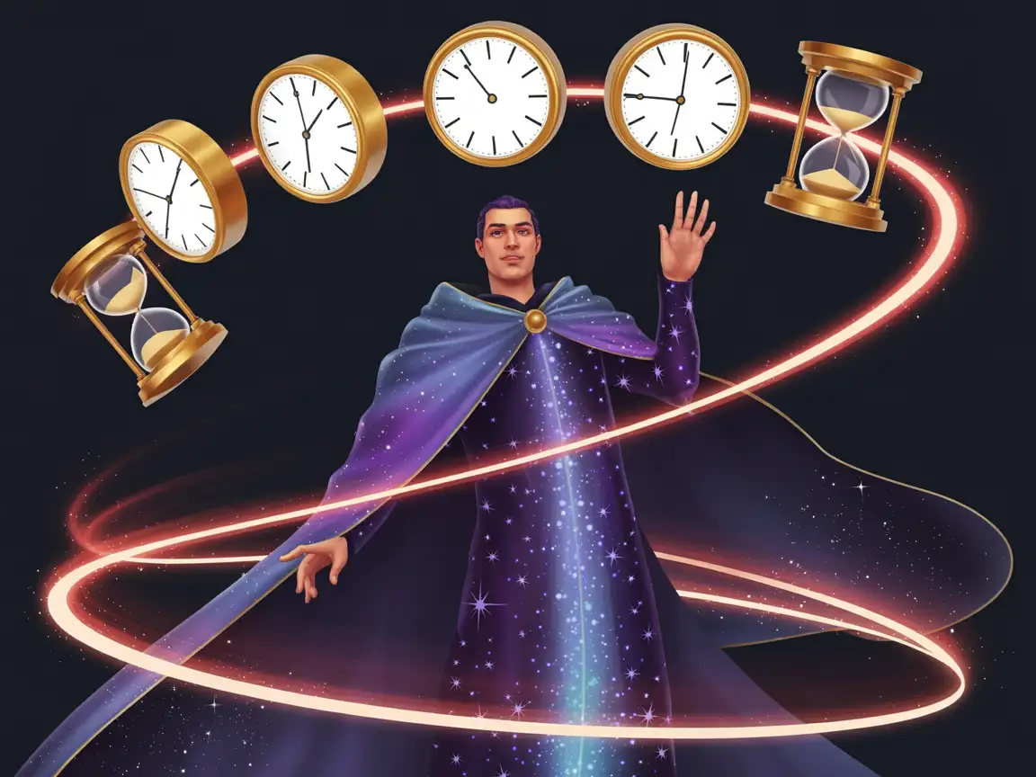 A time mage standing centrally, surrounded by floating clocks and hourglasses that orbit gracefully.