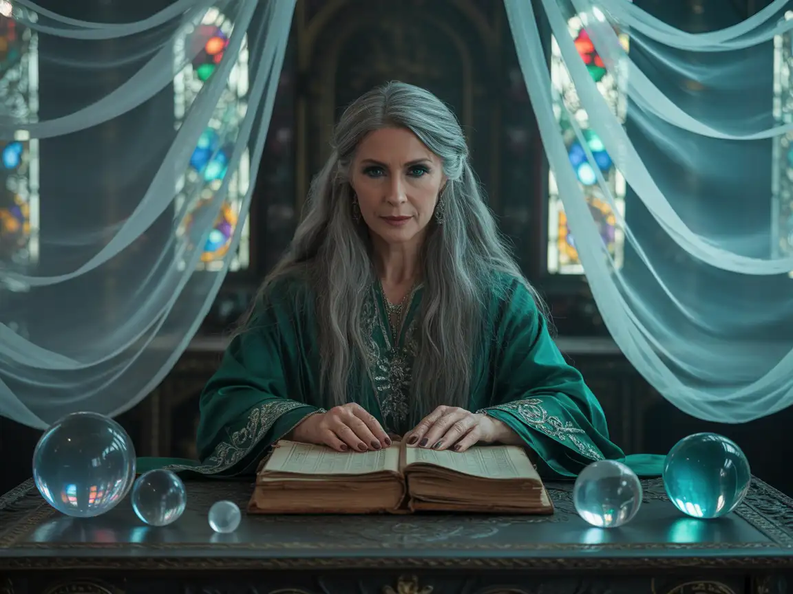 A mystic oracle seated at an ornate, ancient table, surrounded by floating crystal balls, draped with a translucent veil.