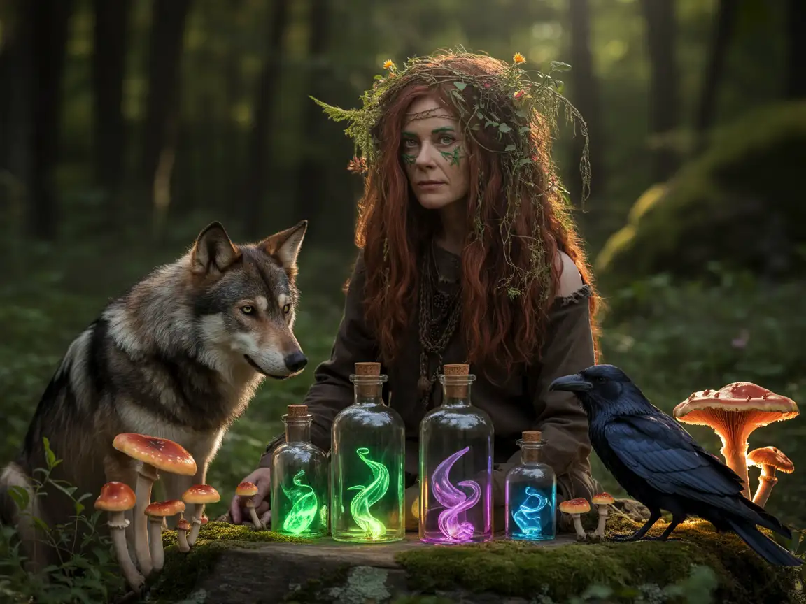 Forest witch with animal companions, glowing potions, and enchanted mushrooms sprouting around her.
