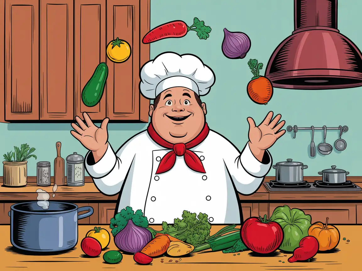 Friendly plump man in a whimsical chef outfit, juggling colorful vegetables in a cozy kitchen, illustrated in comic book style with bold outlines and bright palette.