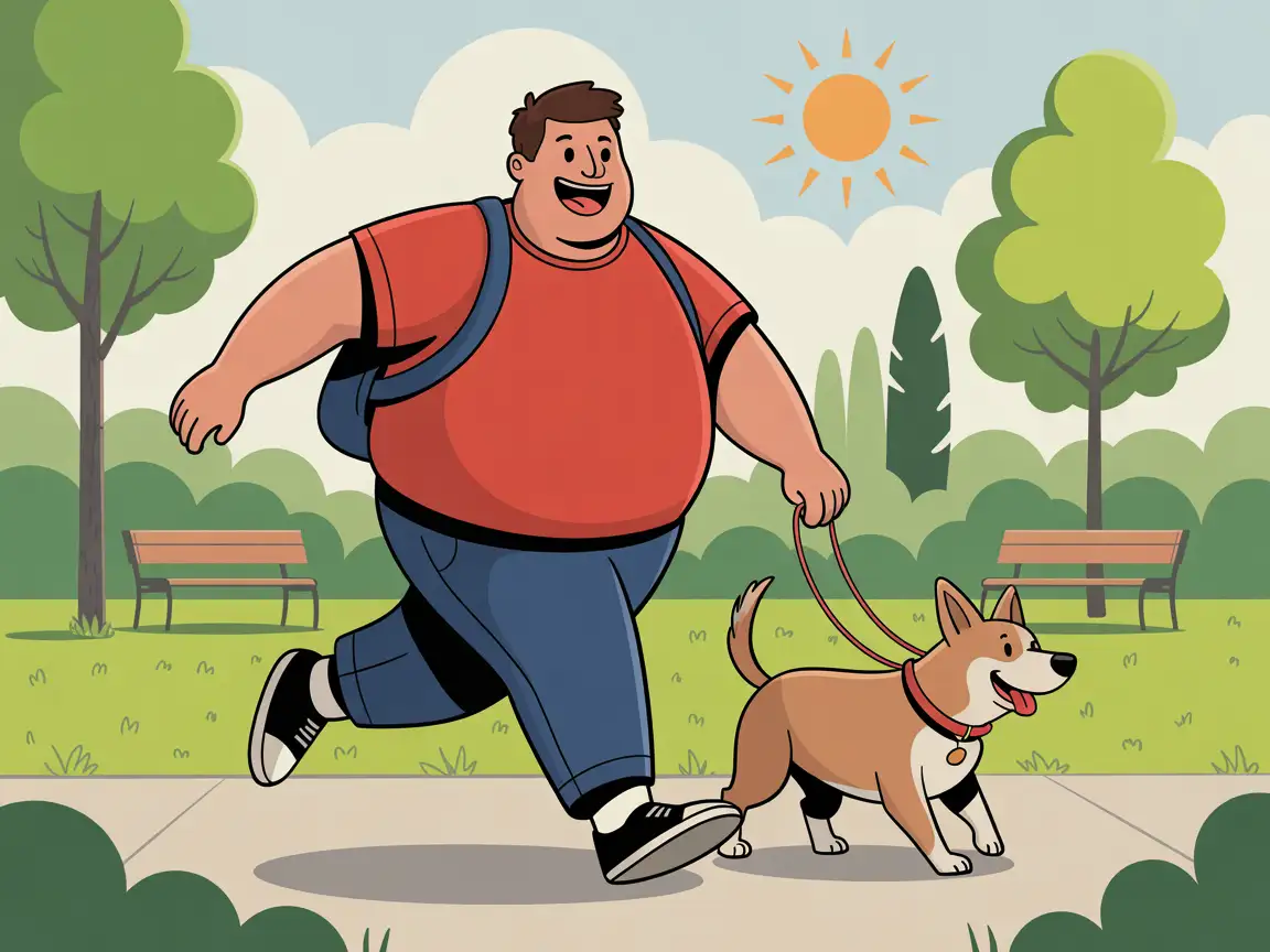 A smiling fat man walking his dog in a sunny park, playful comic illustration, dynamic pose, cartoonish proportions, trees and benches in background.