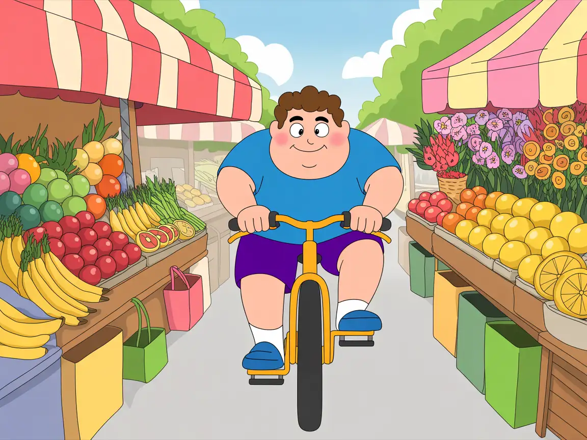 A playful, chubby man riding a bicycle through a lively street market, cartoon style, dynamic motion, vibrant stalls, fruits, and flowers.