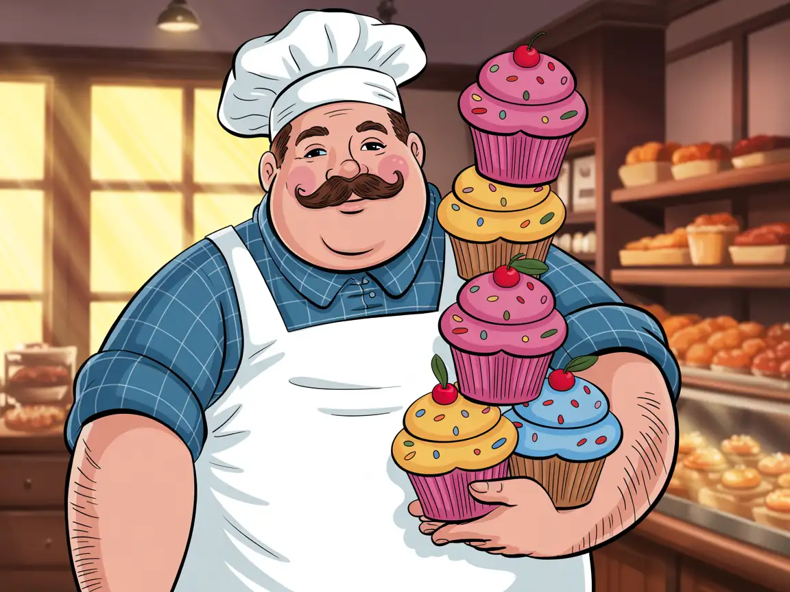 Fat man baker carrying a huge stack of cupcakes, comic-style illustration, warm pastel colors, cozy bakery background, smiling expression.