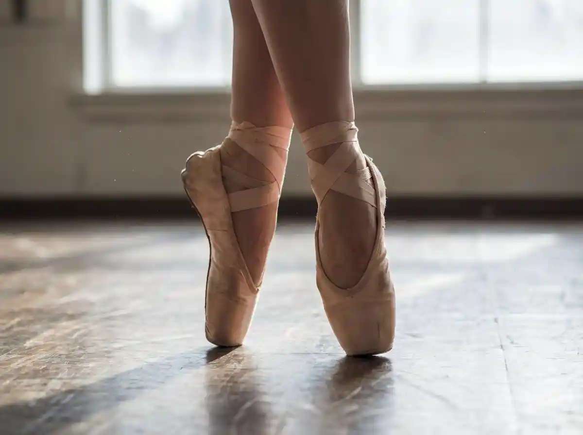 A dancer’s feet in ballet shoes, elegant pose, soft studio lighting, photorealistic style.