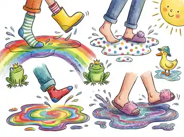 Stylized cartoon feet walking in colorful puddles, playful and whimsical illustration.