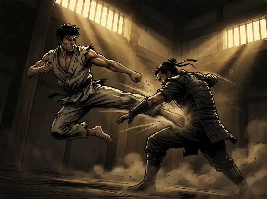 Two fighters facing off in an intense martial arts duel, dramatic lighting, dynamic motion blur, cinematic angle, ultra-detailed illustration style.