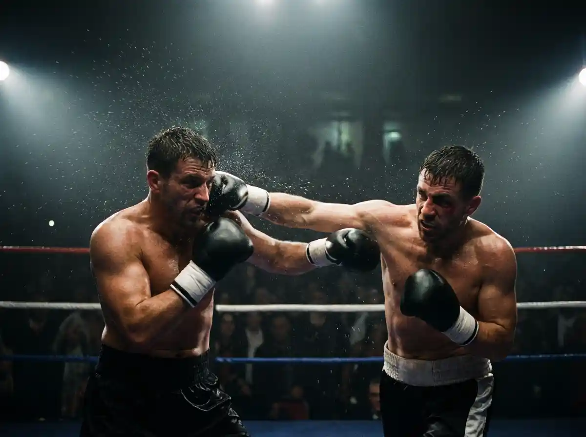 Two boxers exchanging punches in a dark arena, sweat flying, slow-motion effect, hyper-realistic sports photography style.
