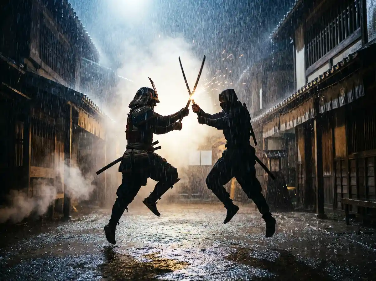 A samurai and a ninja clashing swords at night, rain falling, dramatic backlight, cinematic Japanese action scene.