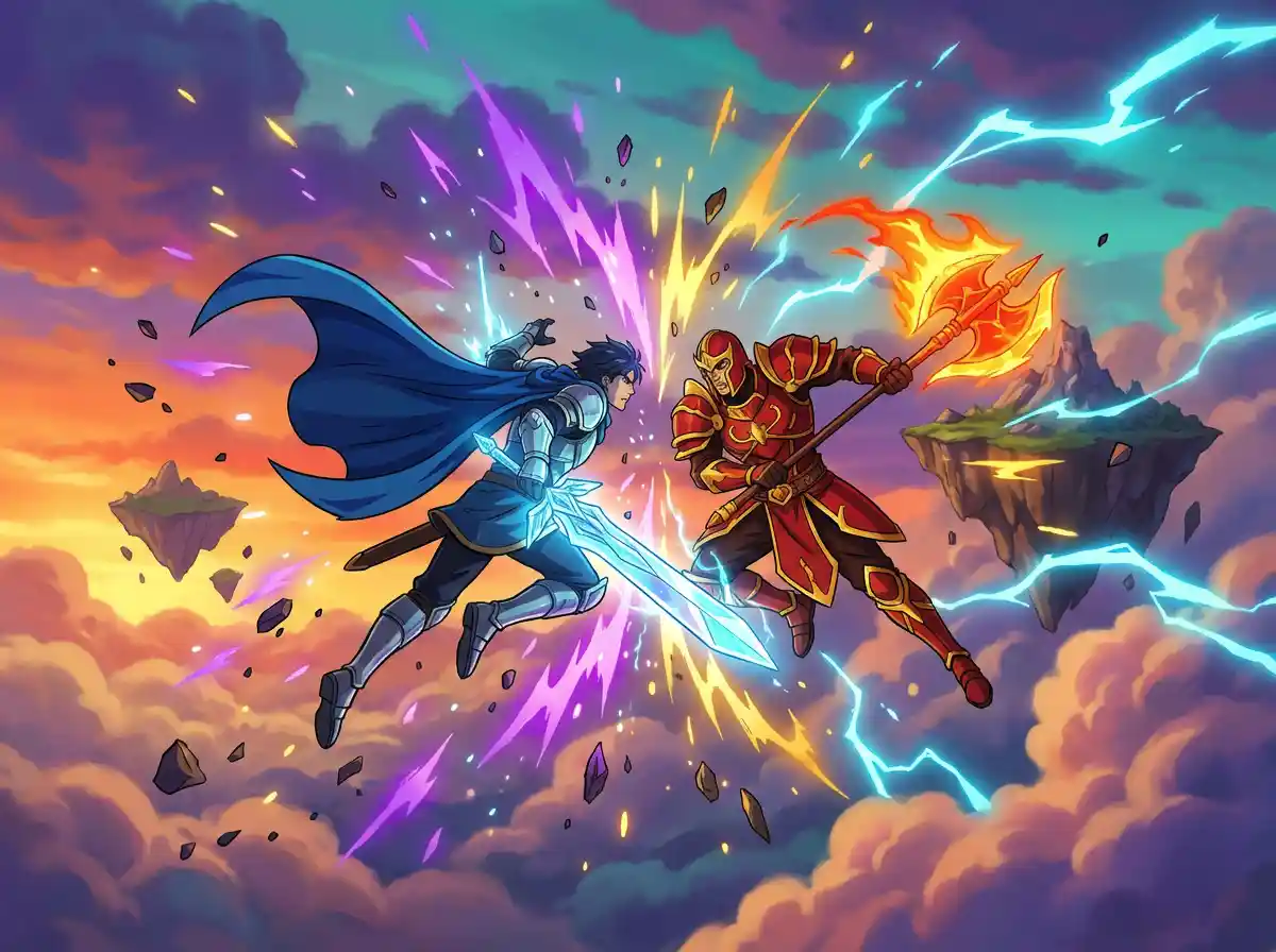 Anime-style fantasy warriors mid-air combat, glowing weapons, explosive energy effects, vibrant colors.