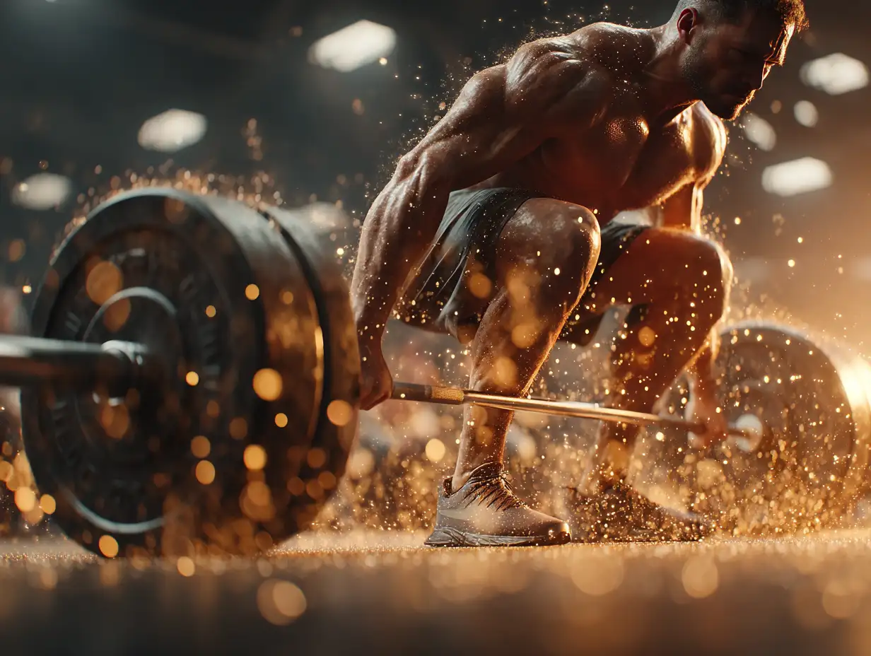 Ultra-detailed cinematic gym interior, muscular man lifting heavy barbell under warm golden lighting, sweat particles in the air, realistic reflections on floor, dynamic composition