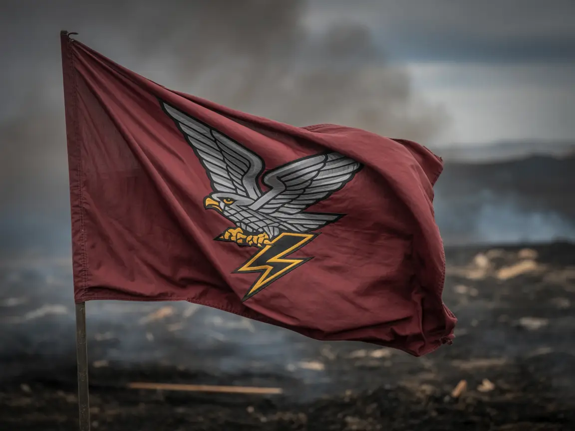 A military division flag with metallic insignia, realistic fabric folds, and smoky battlefield background