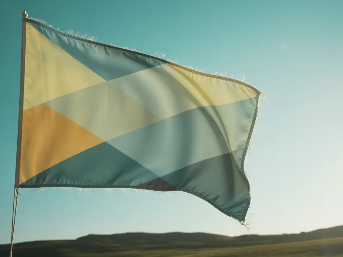 A minimalist modern country flag with geometric patterns and soft gradients, waving in a gentle breeze