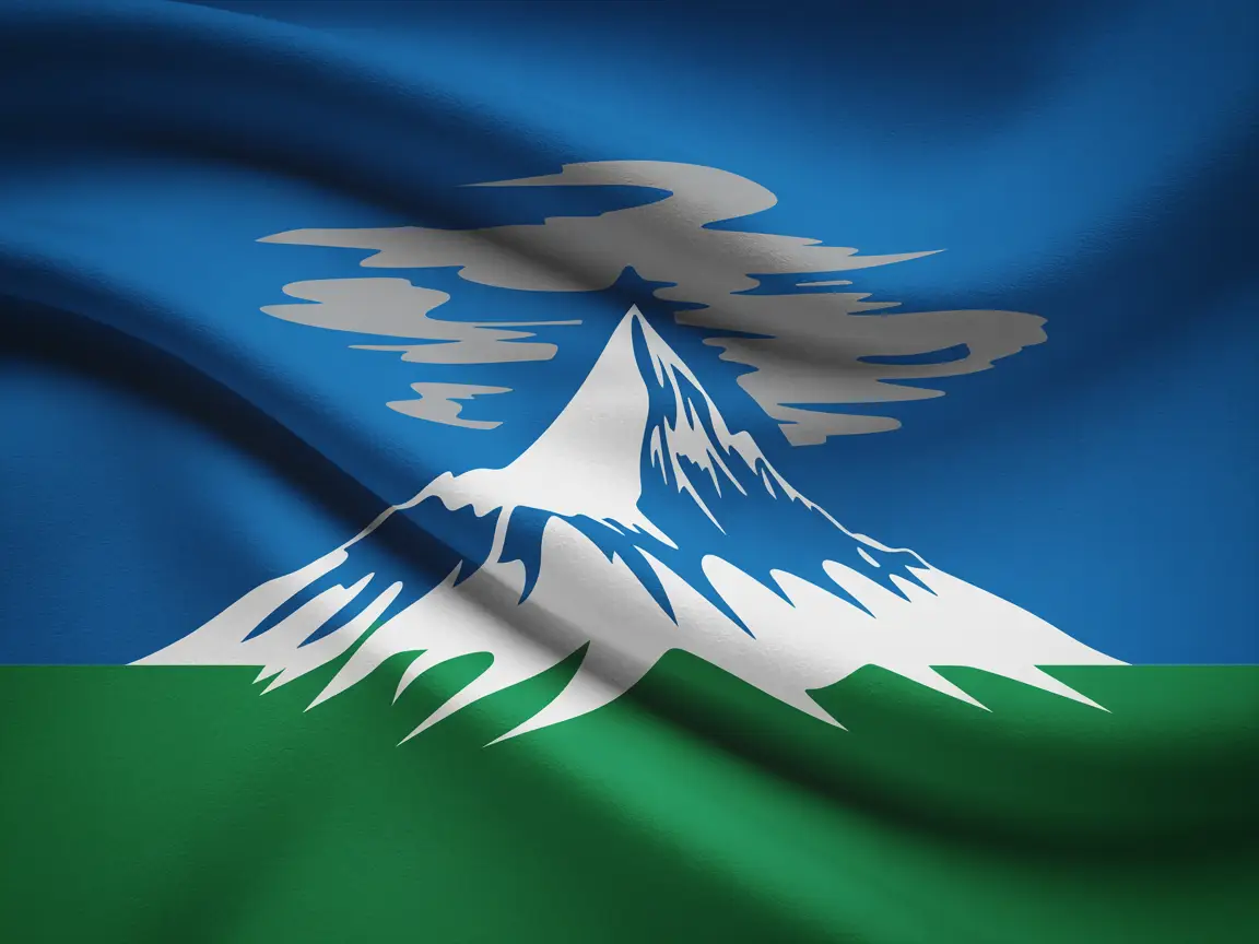 A mountain nation flag with a snow-capped peak symbol, waving against a cold blue sky