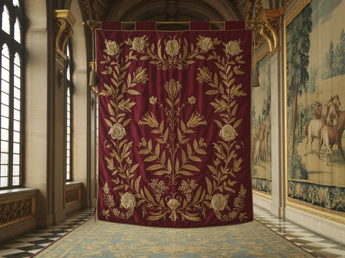 A renaissance-era flag embroidered with gold thread and floral designs, displayed in a royal hall