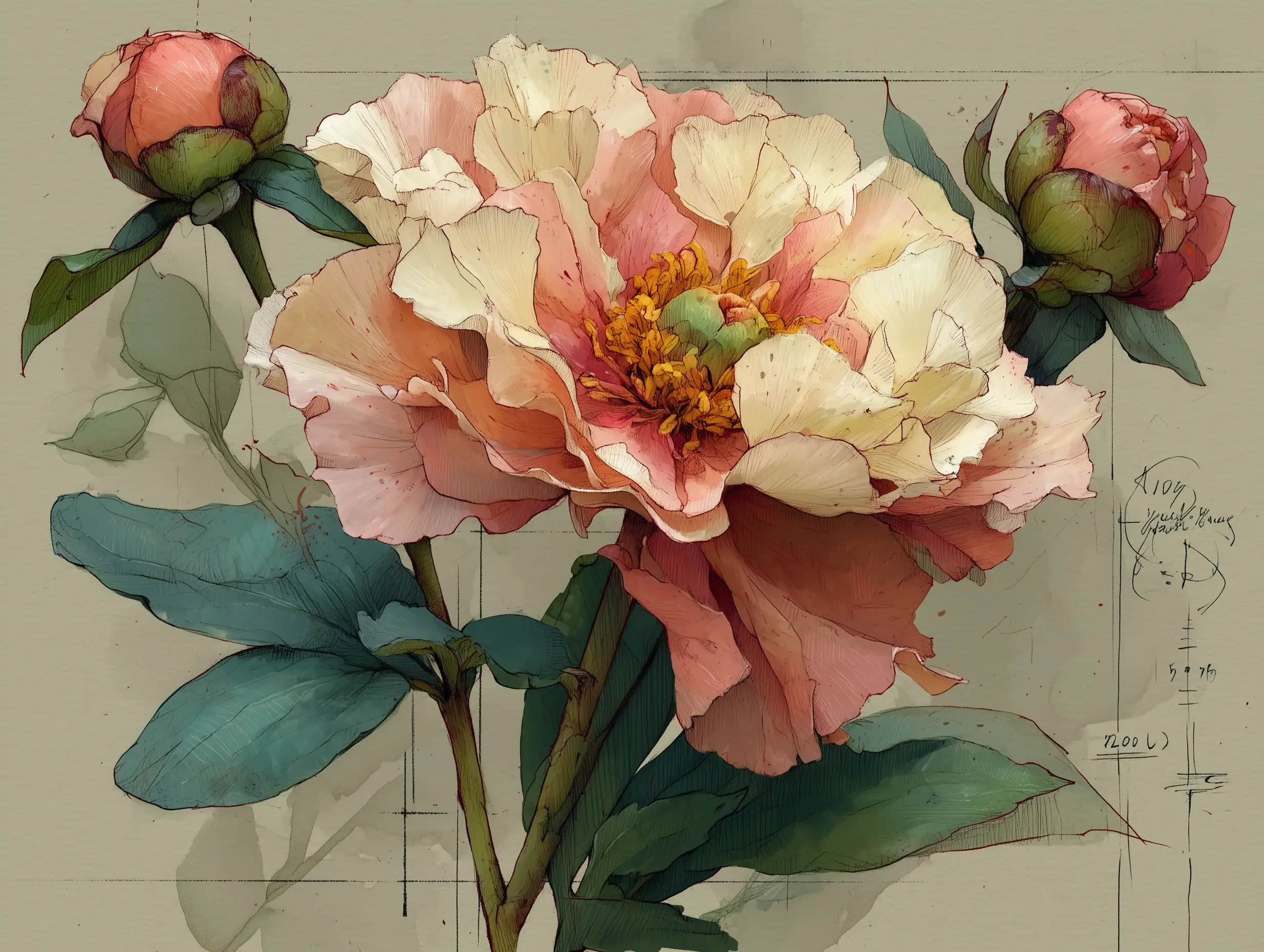 Hand-drawn peony with soft pencil contours, subtle pastel watercolor washes along the petals, artistic botanical style, elegant composition
