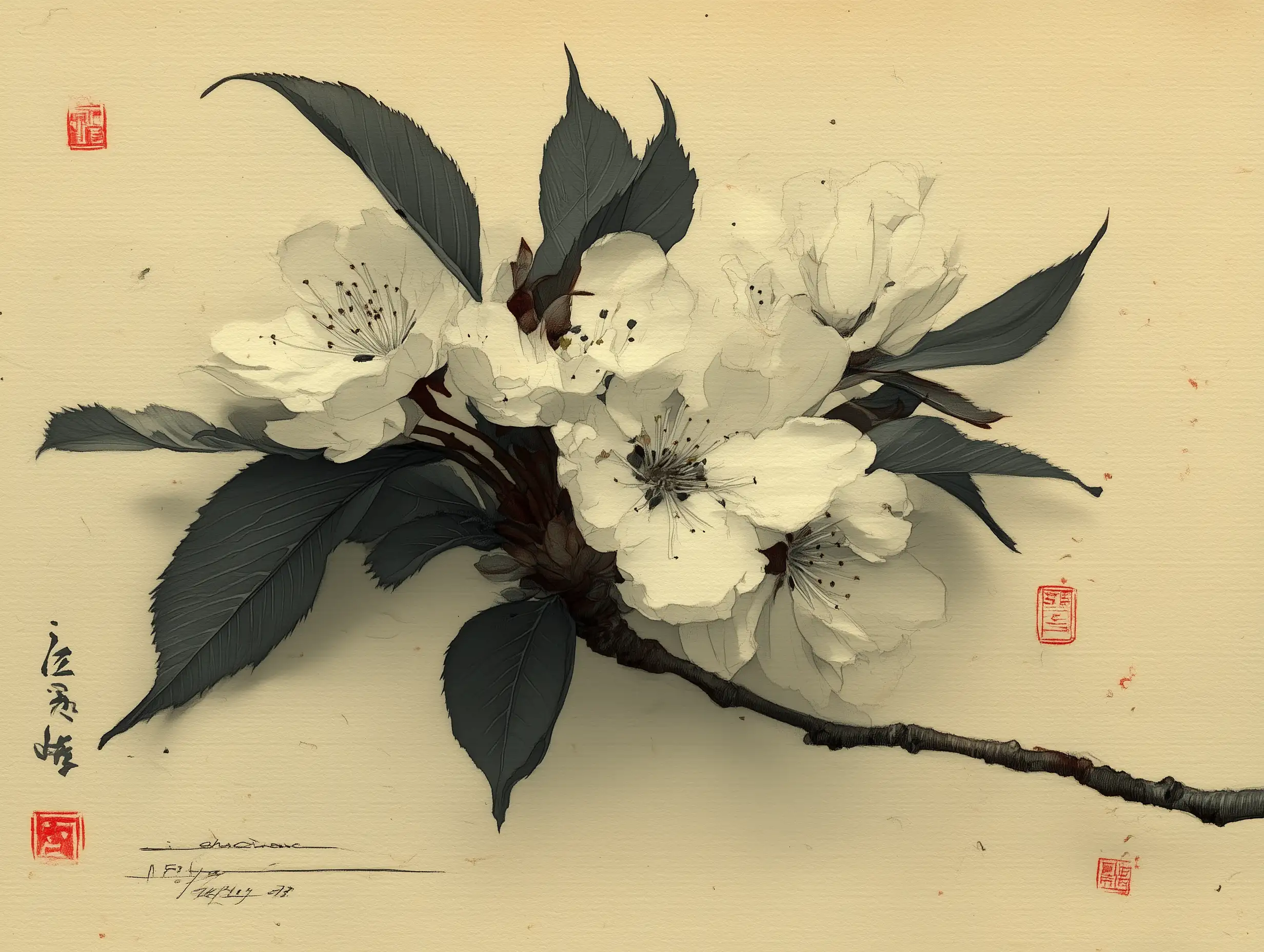 Fine ink blossom branch with flowing linework, soft stippling shadows, Japanese-inspired simplicity, calm and elegant