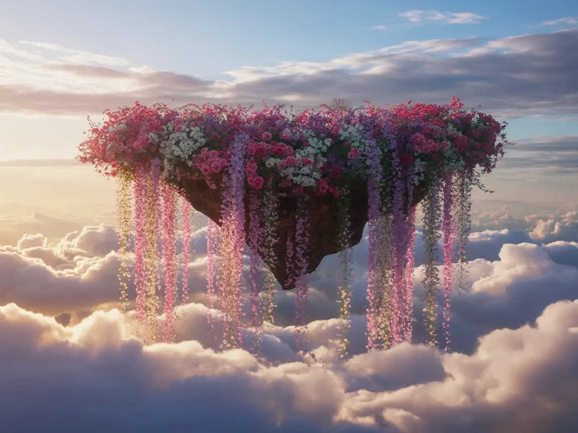 A floating island made entirely of blossoms drifting above the clouds, dreamlike sky background