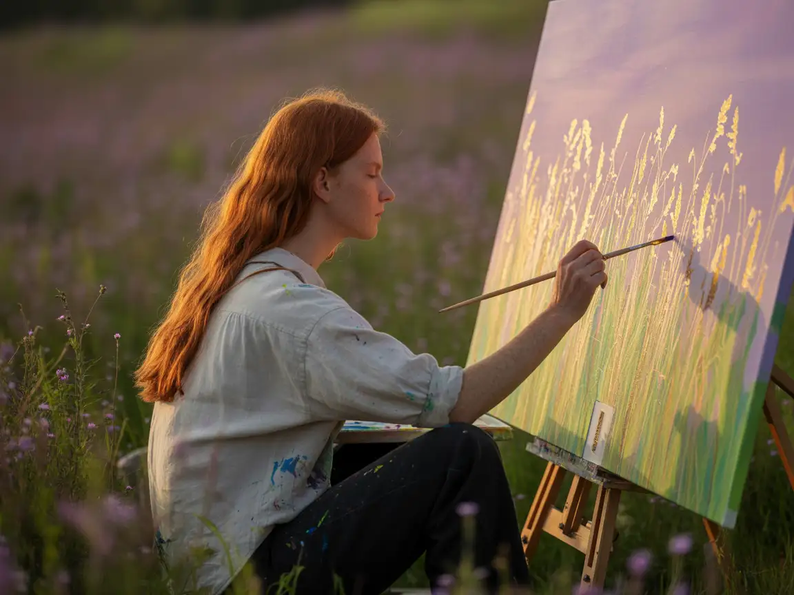 A painter sitting in a flower meadow, their canvas blending into the real scenery.
