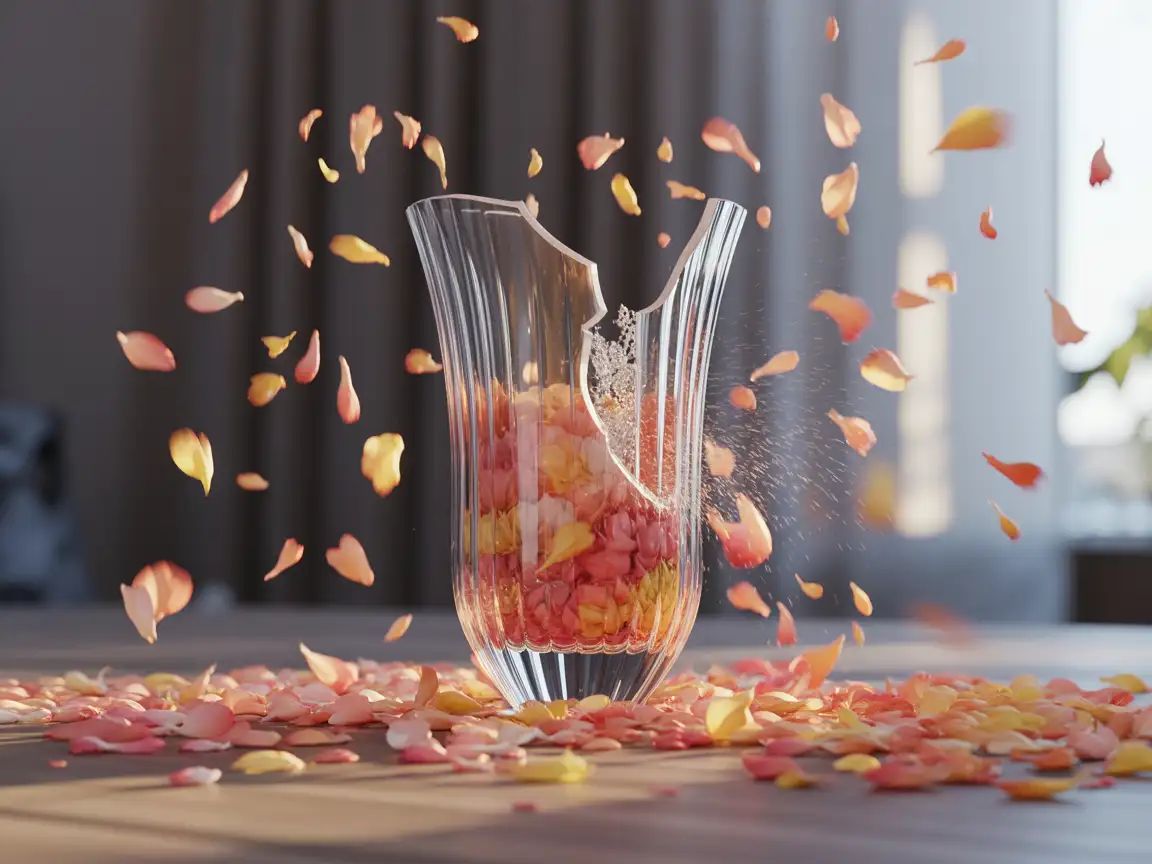 A beautiful crystal vase shattering, surrounded by hundreds of luminous petals in varying colors, appearing to float gracefully through the air.