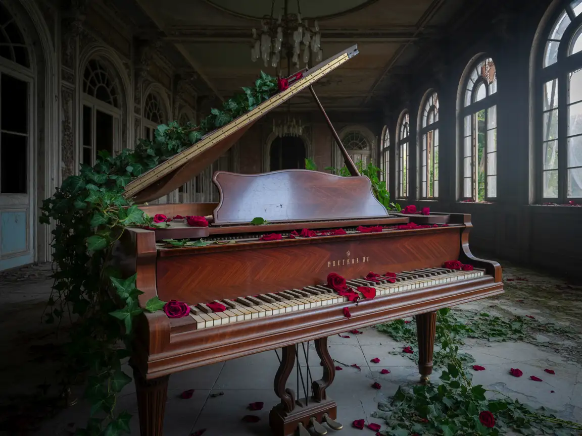 A forgotten piano covered in blooming ivy and roses inside an abandoned ballroom.