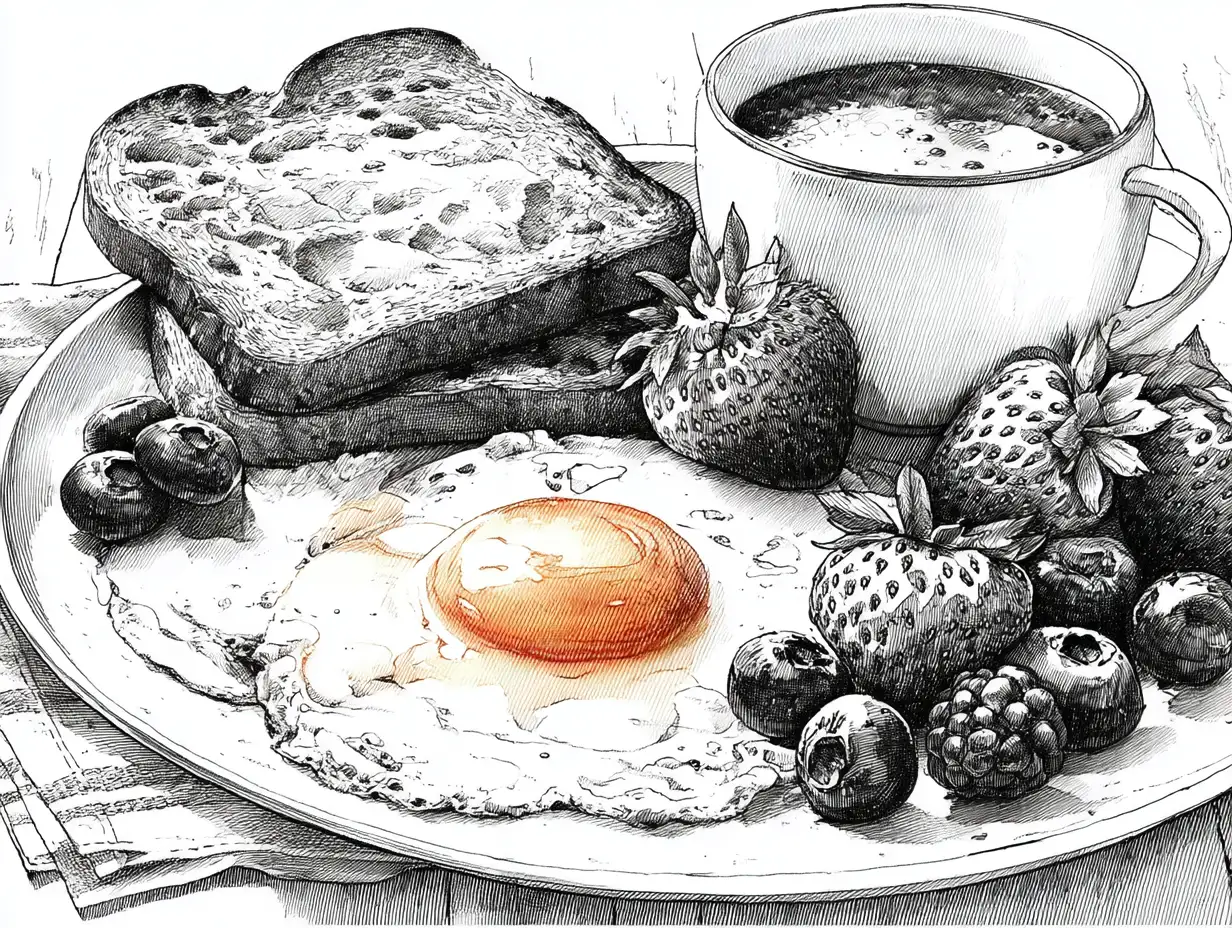Line-art of a breakfast plate with eggs, toast, berries, and a cup, smooth outlines, simple forms, perfect for educational food coloring activities