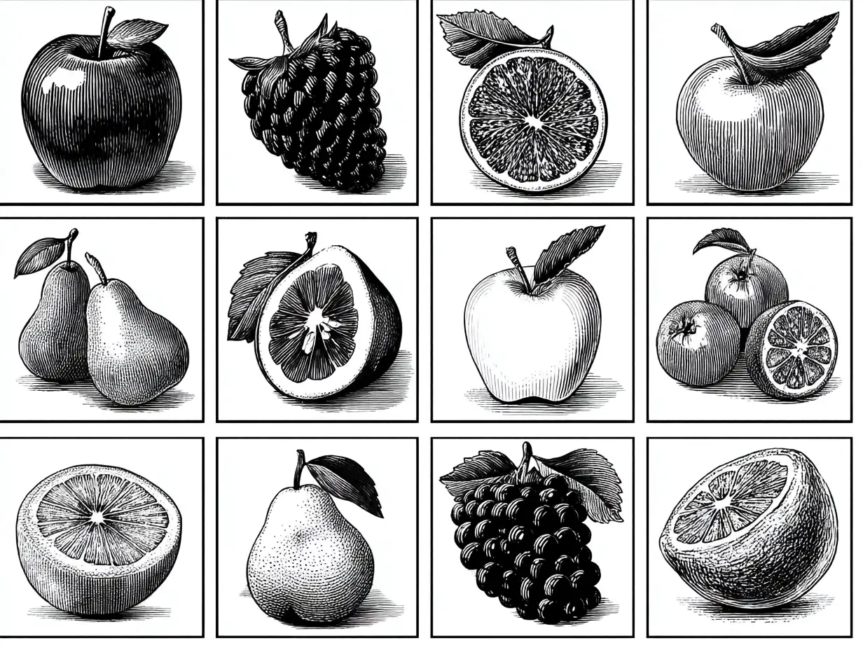Black-and-white outline of fruits and vegetables arranged in a simple grid, thick lines, educational worksheet-style coloring page