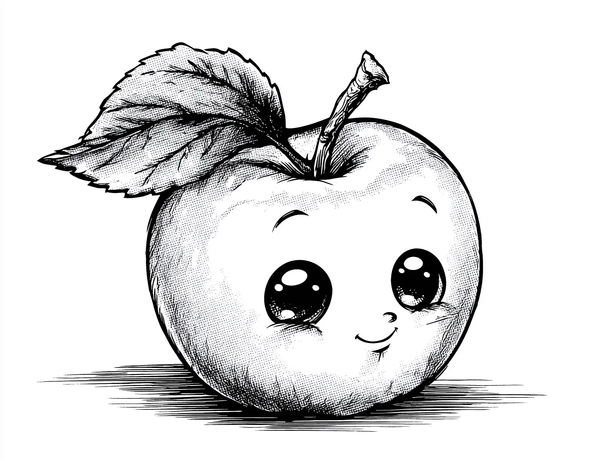Simple black-and-white line-art illustration of a smiling apple with big cute eyes, bold outlines, clean shapes, kid-friendly printable coloring page