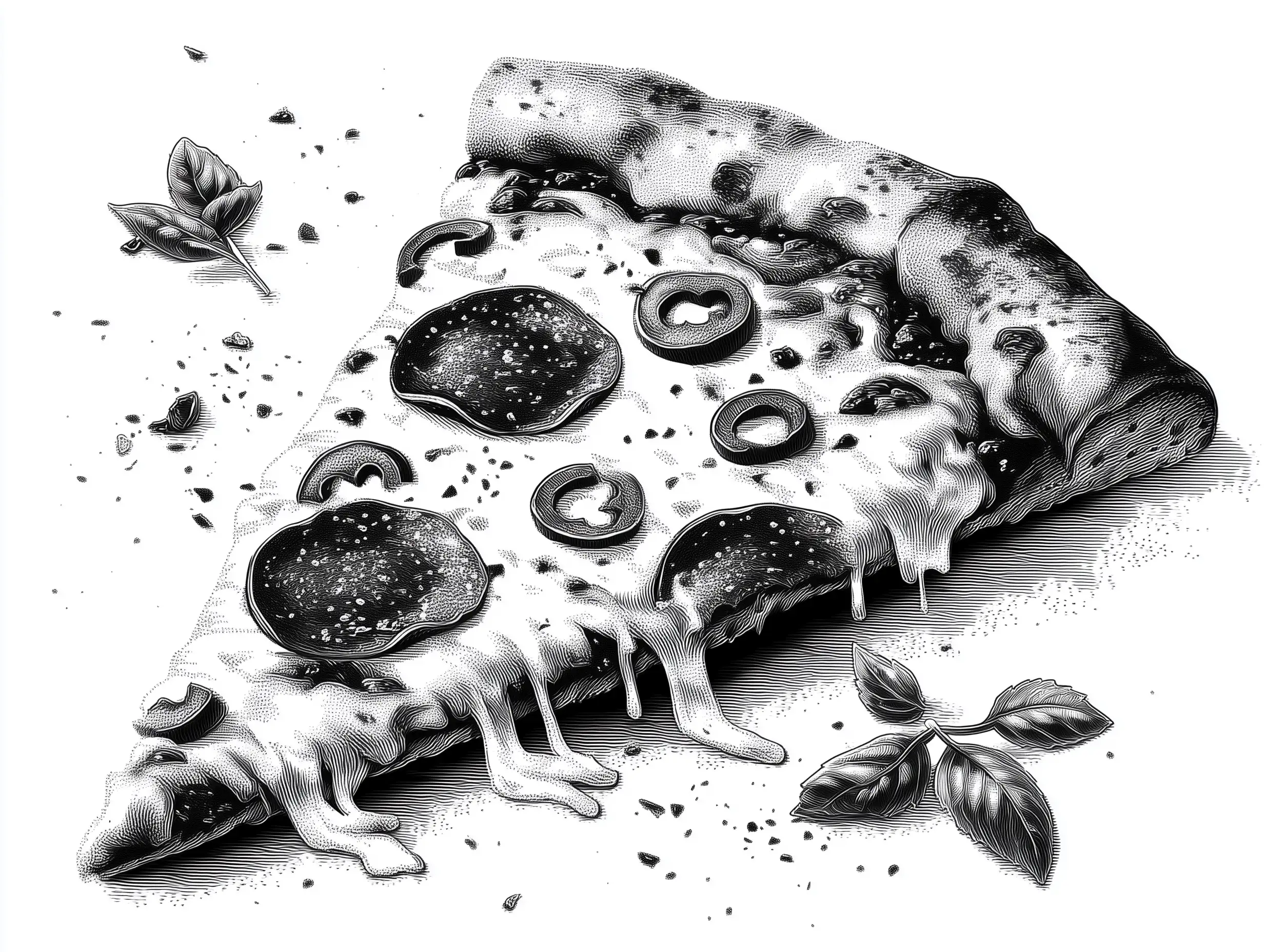 Cartoon-style pizza slice with cheese drips, pepperoni, and veggies, smooth bold outline, fun children’s coloring design