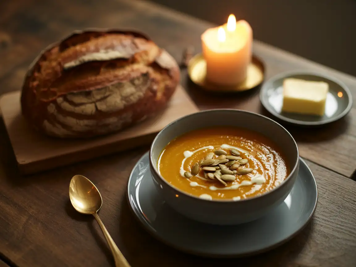 A cozy autumn table with pumpkin soup, rustic bread, and warm candle glow.