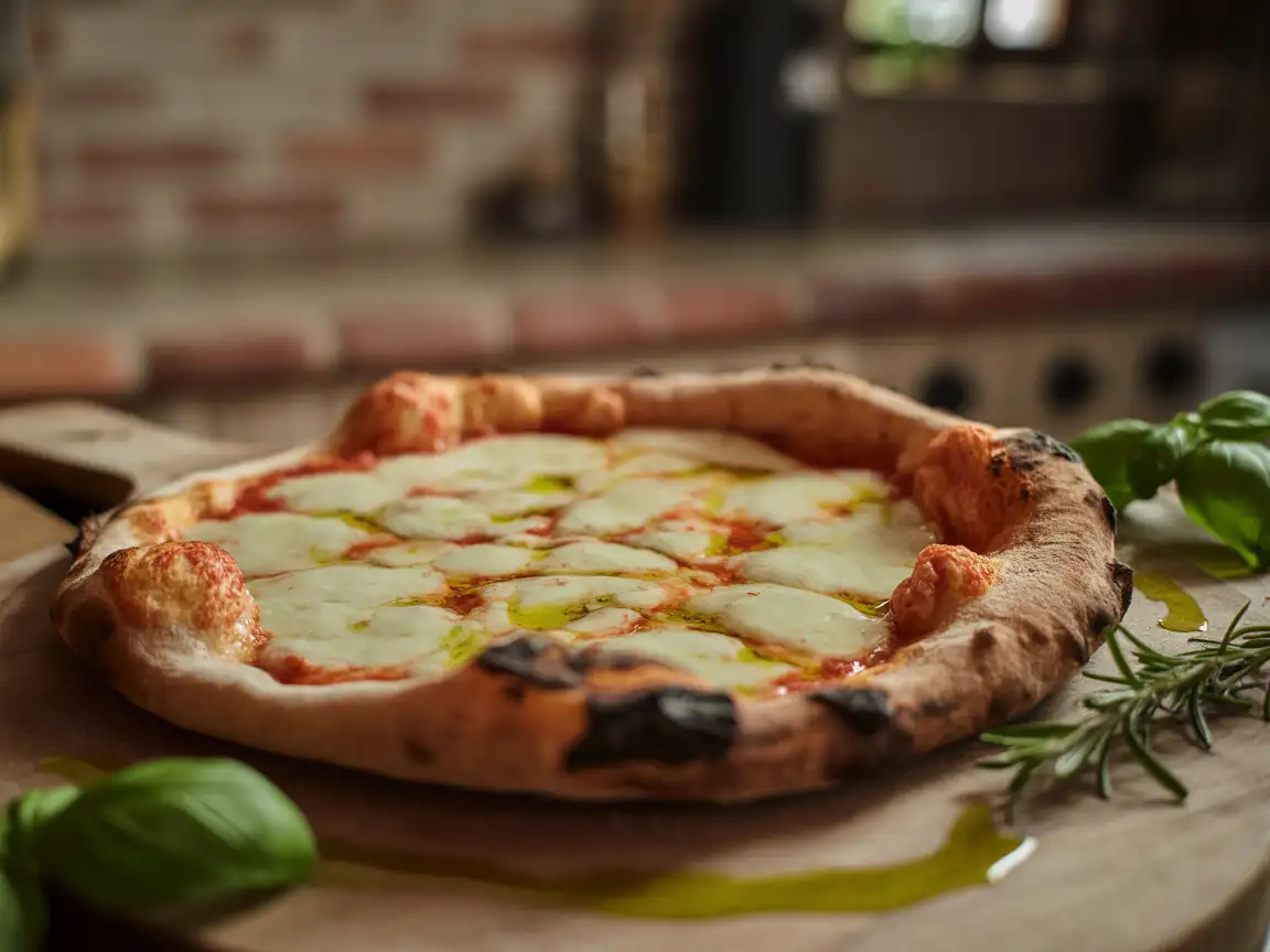 A rustic Italian pizza with bubbling cheese and wood-fired crust, surrounded by herbs and olive oil bottles.