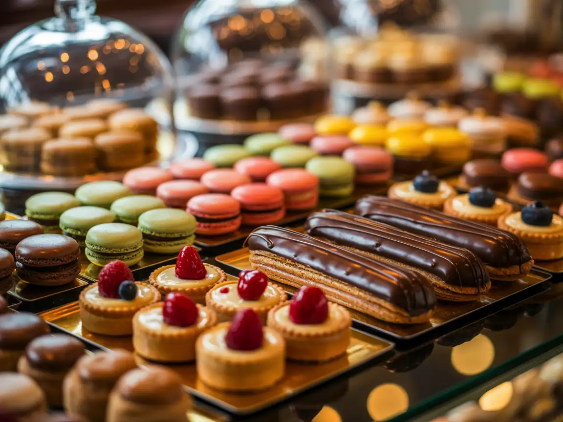A French pastry display with macarons, éclairs, and fruit tarts under soft golden light.