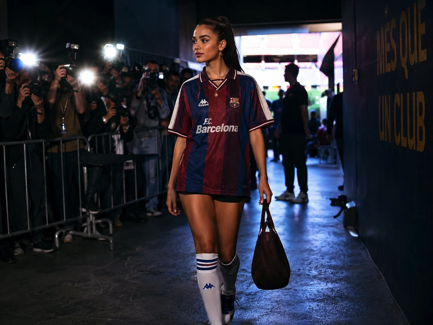 young beautiful woman, football babe, dark high ponytail, oversized retro claret-and-navy football jersey, black micro shorts, white knee-high socks with red and blue stripes, leather shoulder bag, walking through the stadium tunnel, paparazzi flash, photographers on both sides, confident runway-like stride, candid footballcore street style, cinematic matchday entrance