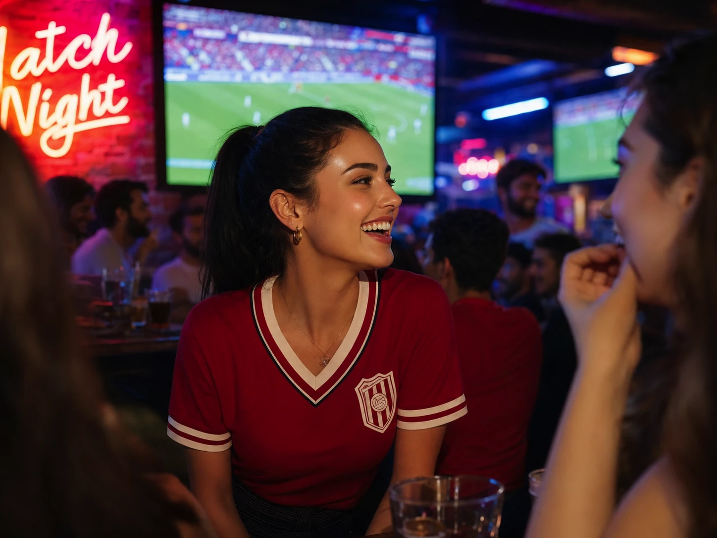 young beautiful woman, football babe, dark ponytail, fitted red vintage football jersey, sitting with friends at a busy sports bar, laughing during a live match, neon sign, big screens showing football, warm nightlife lighting, candid watch party moment, stylish match night vibe