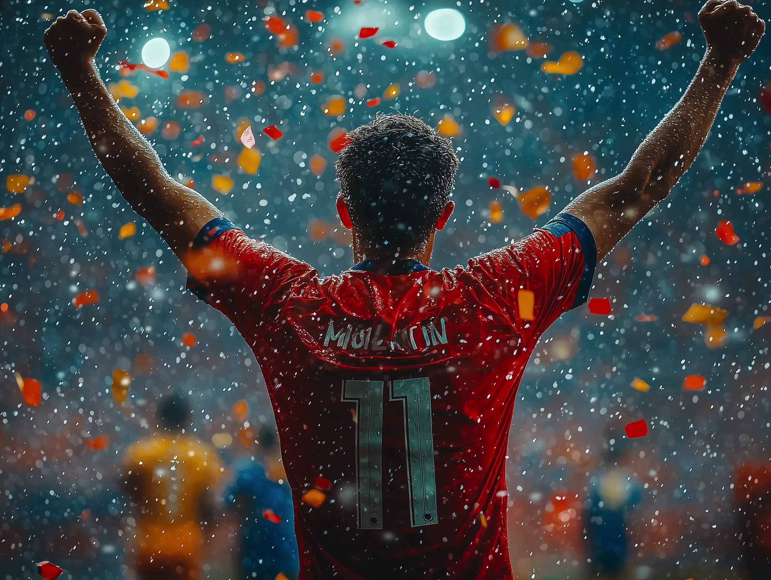 Footballer celebrating a last-minute goal under heavy rain, arms raised, confetti flying, high-speed sports photography style