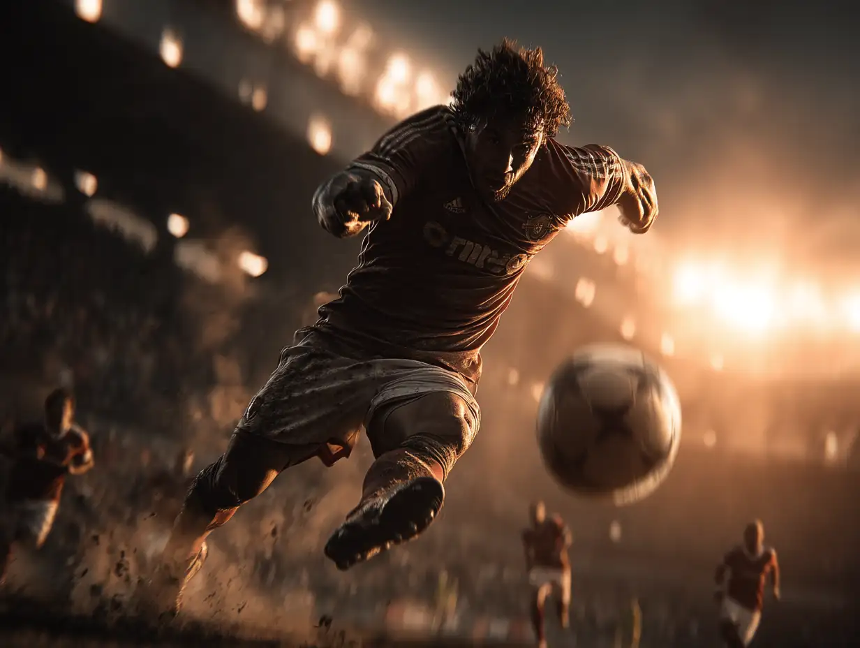 Football player performing a mid-air bicycle kick in a glowing stadium, golden hour sunlight, motion blur, intense cinematic realism