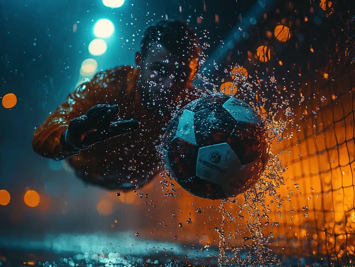 Goalkeeper diving full stretch to block a glowing football, water spray and stadium lights behind, dramatic slow-motion energy